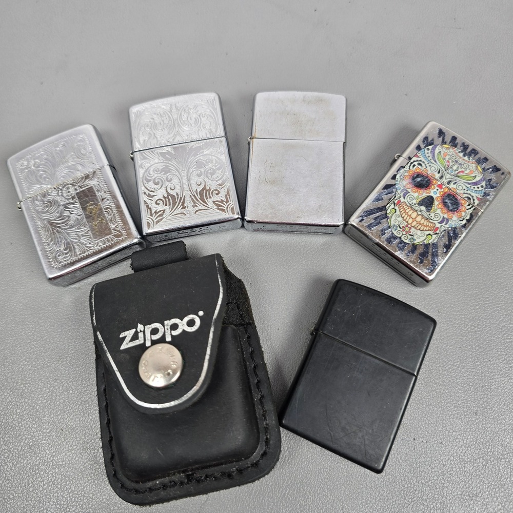 5 Zippo Lighter Venetian Chrome Matte Black Sugar Skull Leather Pouch